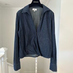 AG Dark Blue Denim Wrap V Neck Blouse Top Medium $220 Retail
